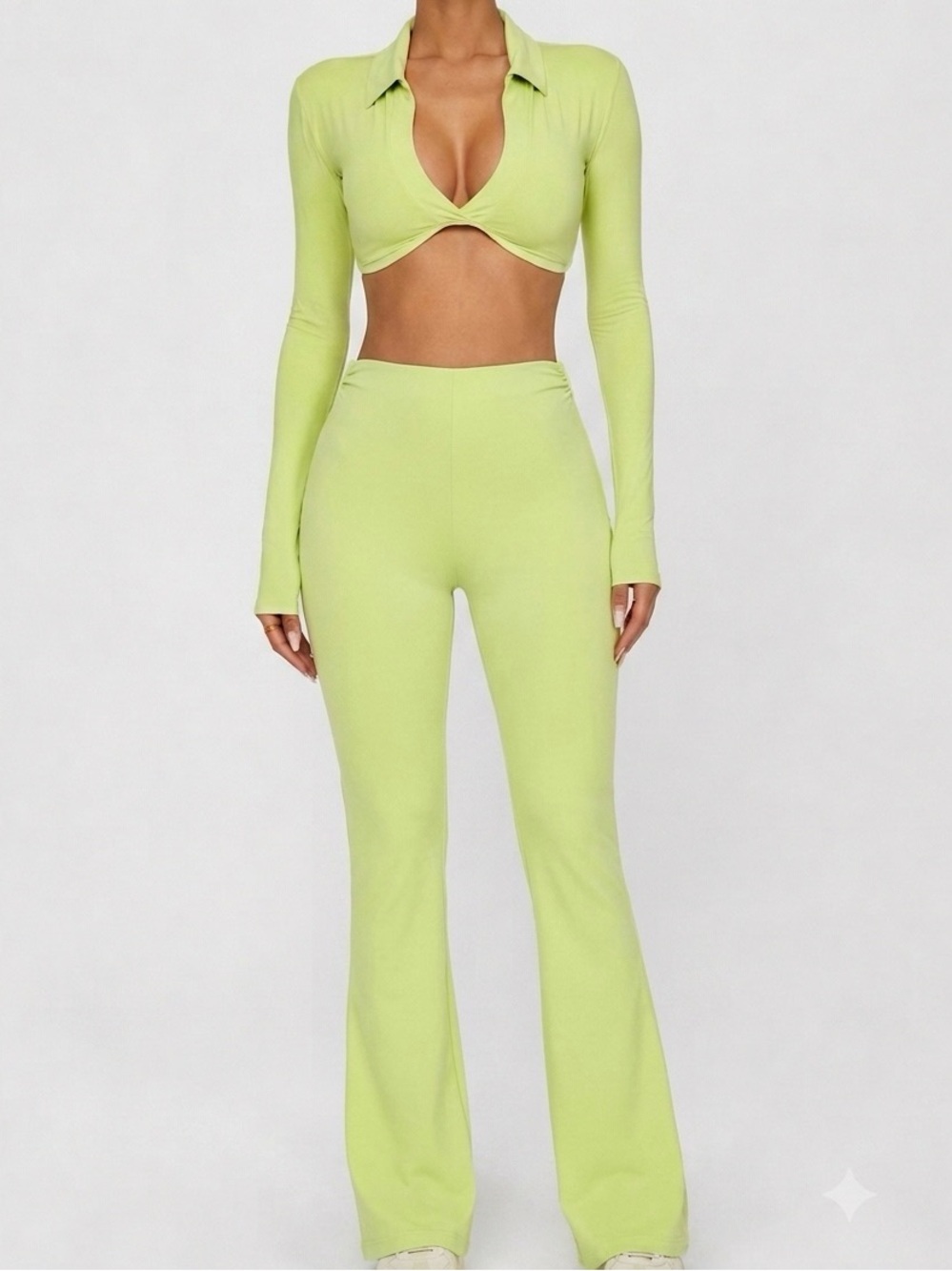 Naked Wardrobe Lime Green 2-Piece Set Cropped Collar Top & Flares 💚